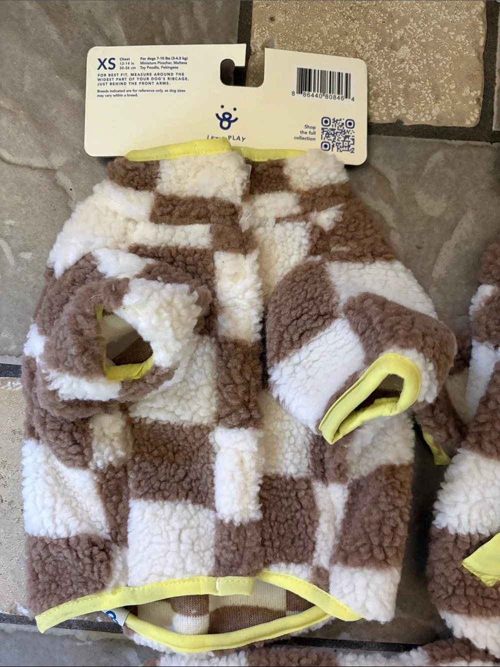 Oodles Brown & White Check Plush Dog Sweater with Yellow Trim lot 3 XS
